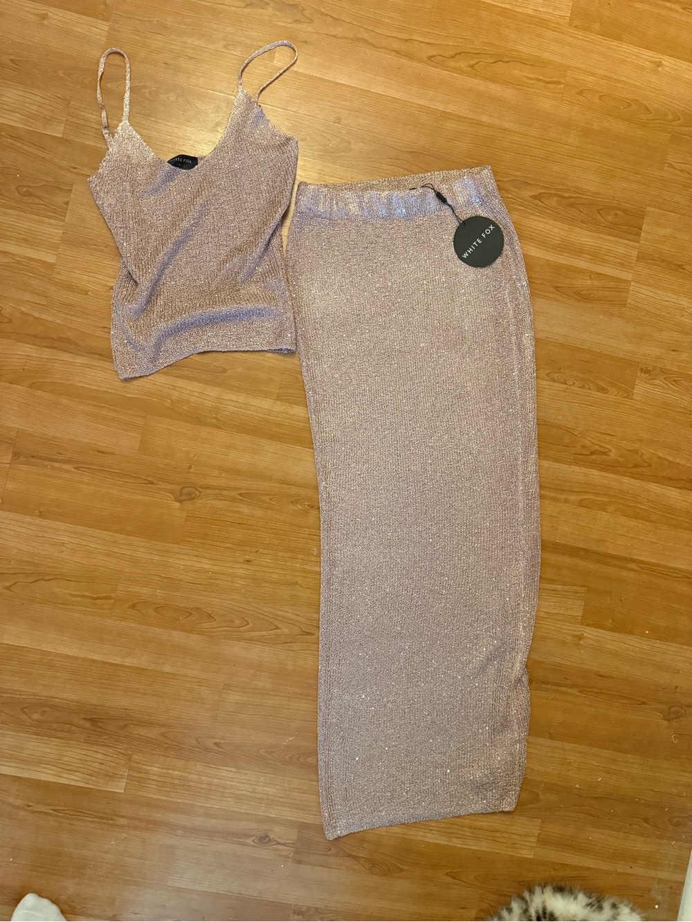 White Fox Shimmery Knit Tank & Skirt Set - Rose Gold